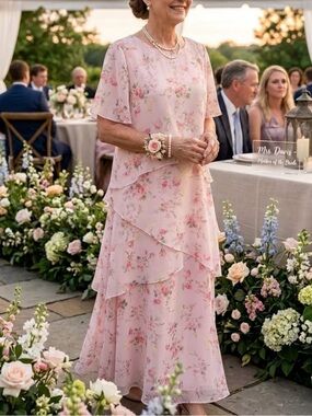 Elegant Pink Floral Layered Chiffon Dress